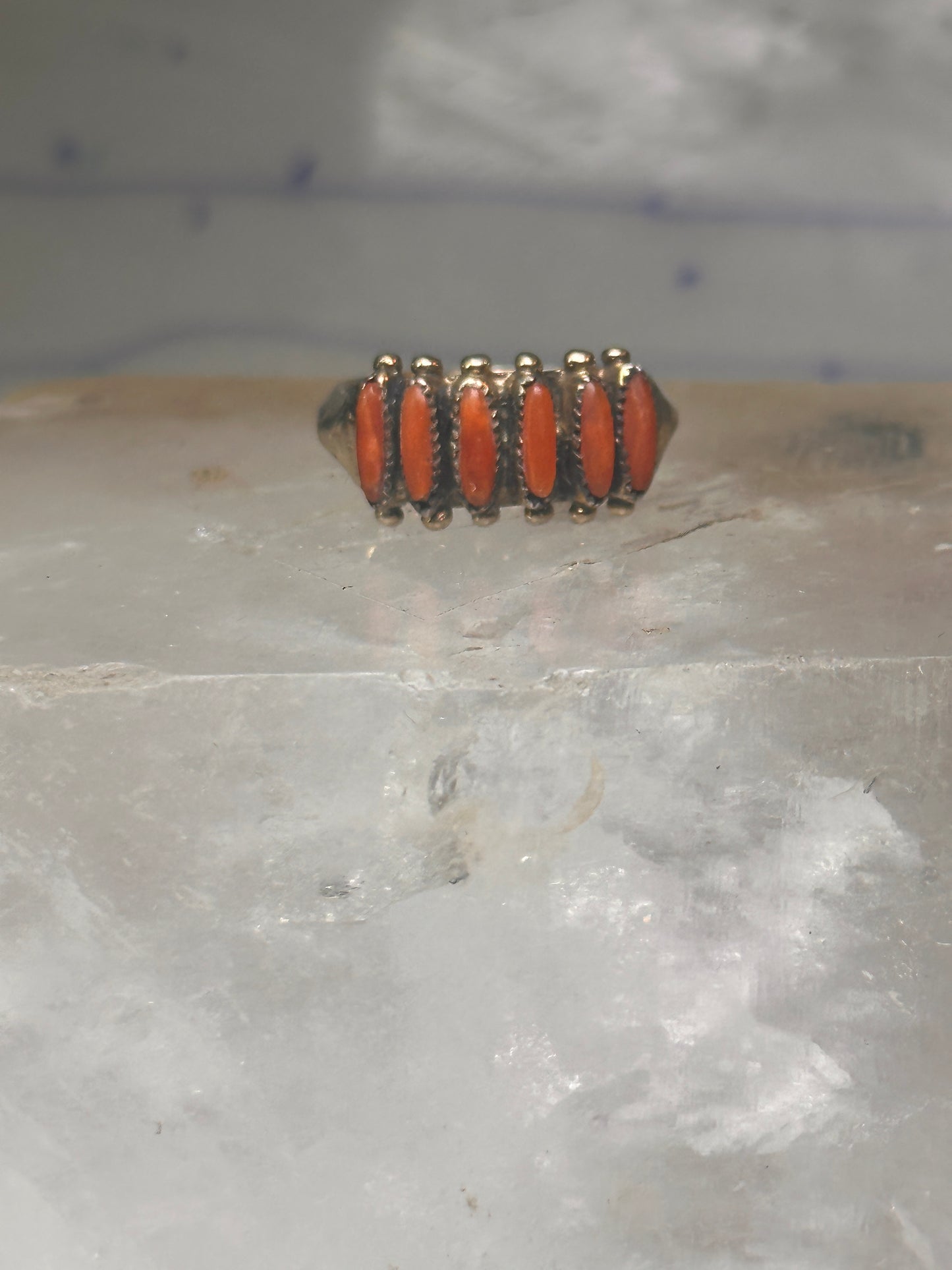 Zuni ring coral needlepoint petite point Size 6 sterling silver women Paloma