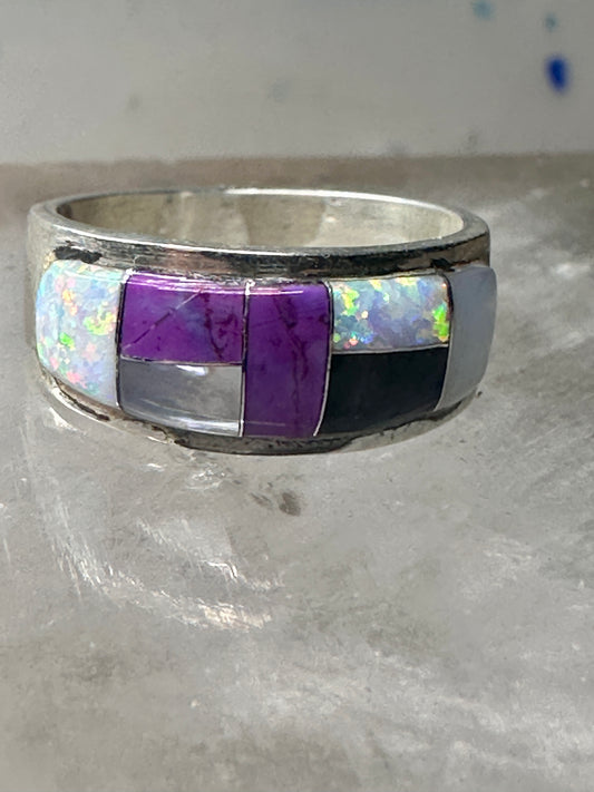 Southwest ring Mother of pearl Onyx Lab Opal pinky size 4.75 sterling silver women girls