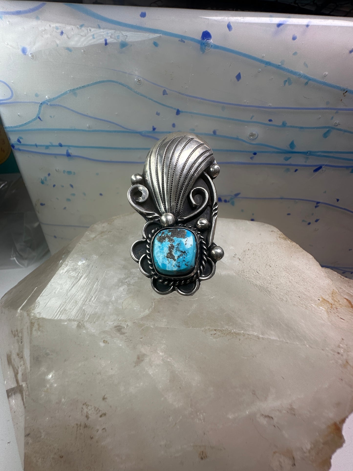 Navajo ring long turquoise size 7 sterling silver women