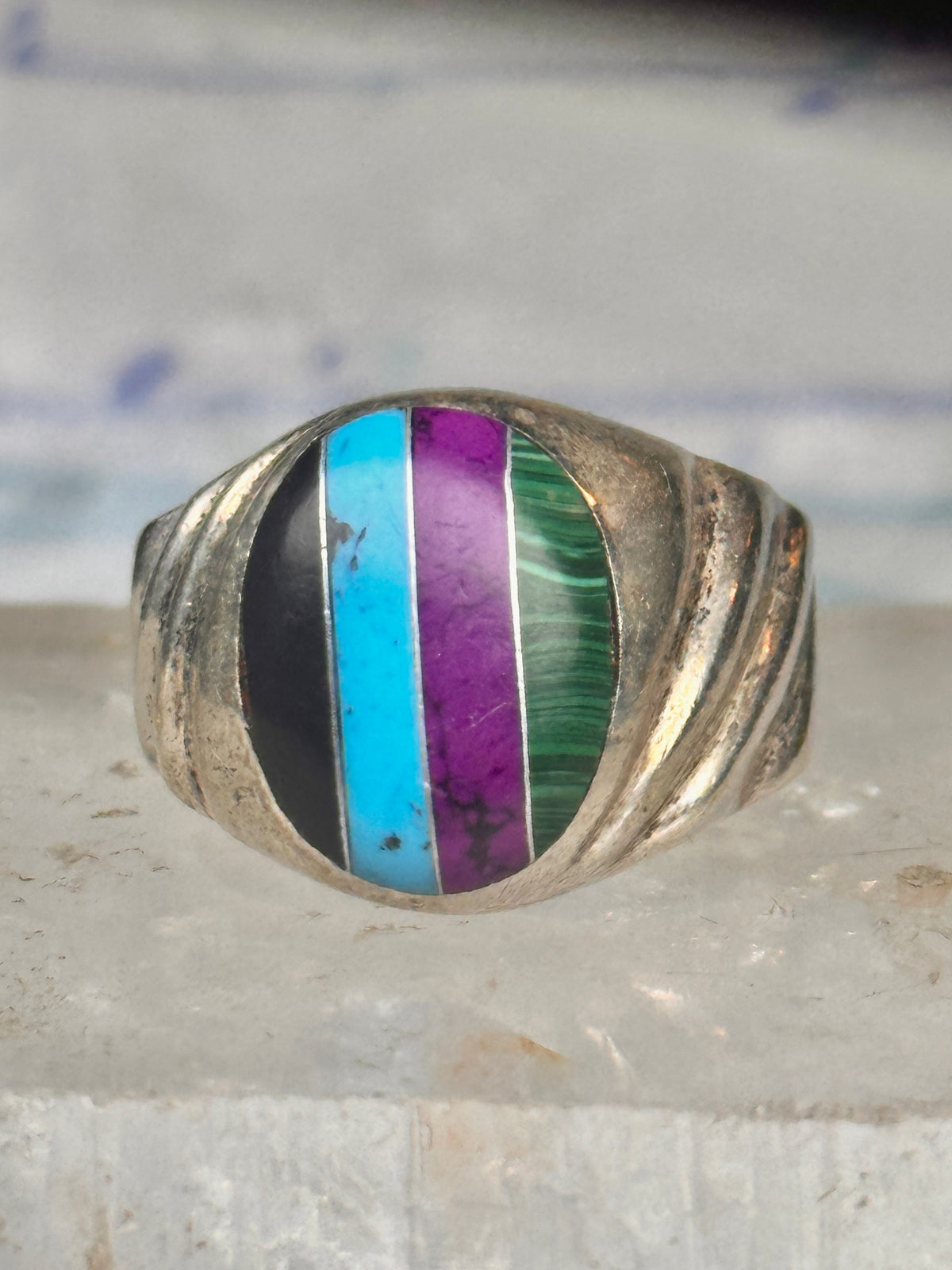 Vintage Mexico Sterling Silver Multi Stone Mosaic Inlay Cigar Band Ring Size 8.60 18.2g 925