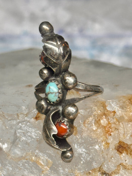 Vintage Sterling Silver Turquoise Coral Leaf Cluster Split Shank Ring Size 6 4.5g 925