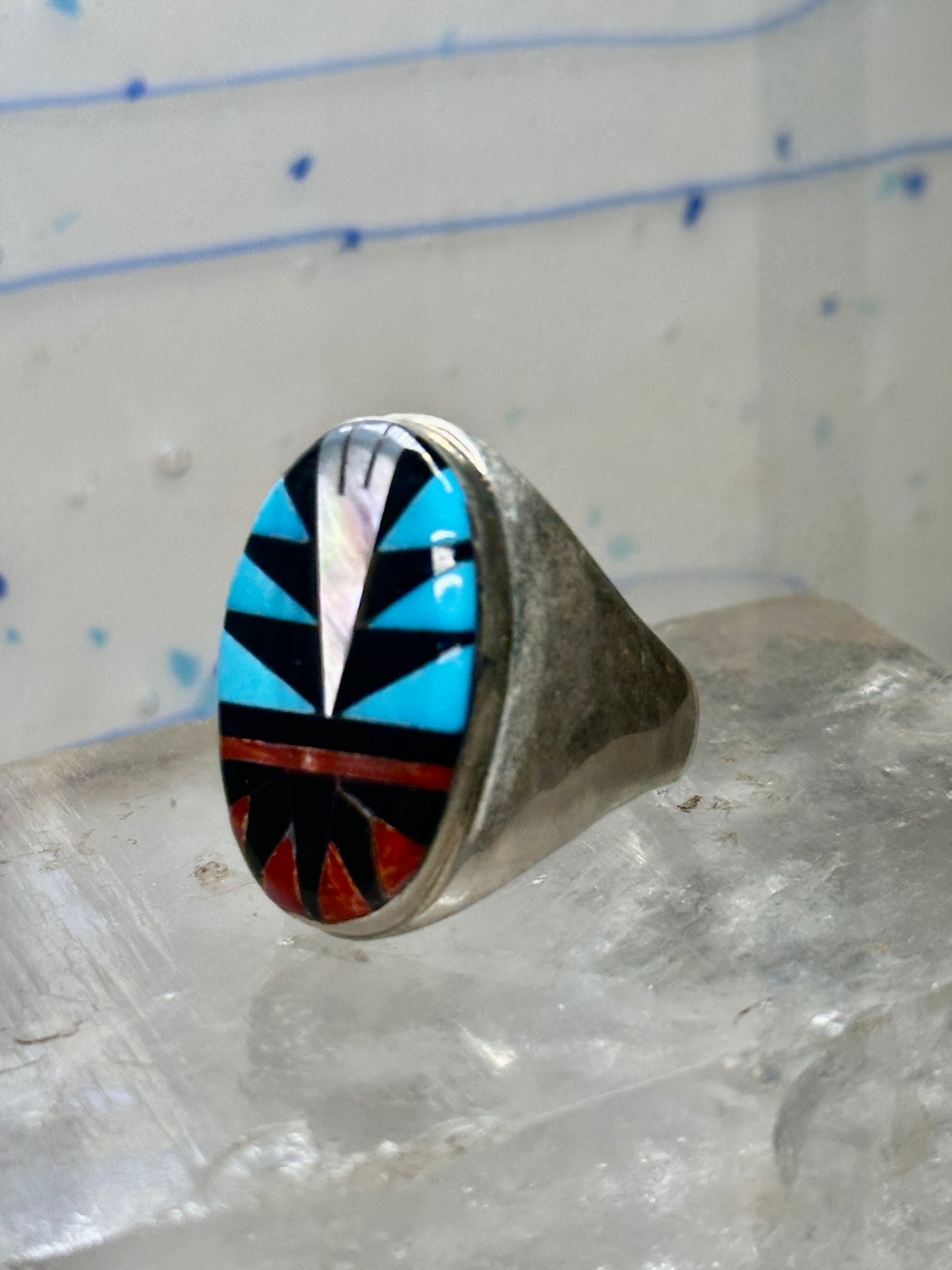 Zuni ring size 10.25 turquoise coral mop onyx sterling silver men women