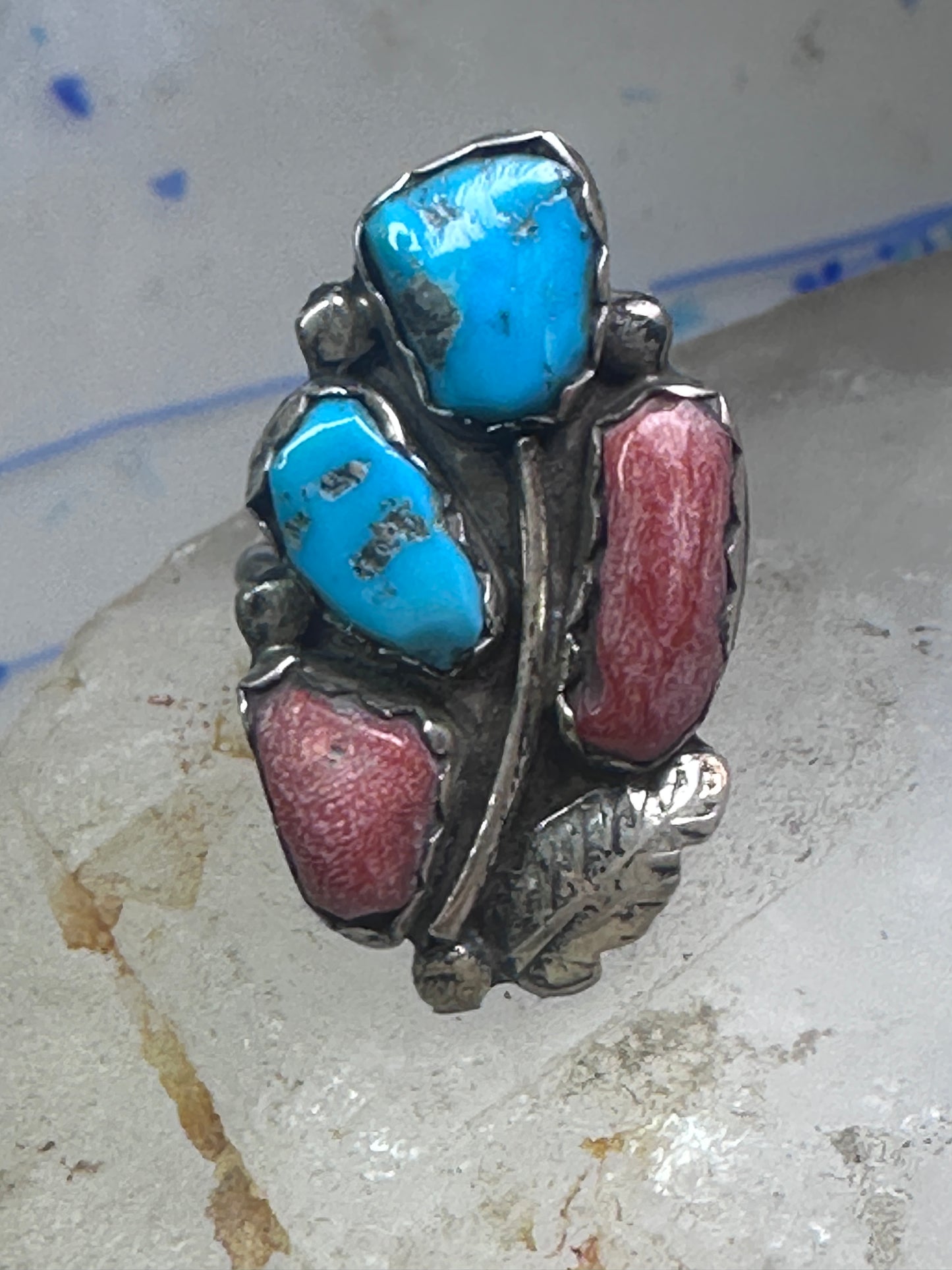 Long Navajo Turquoise Coral Ring Turquoise Band size 5.75 sterling silver women signed Pennetawa