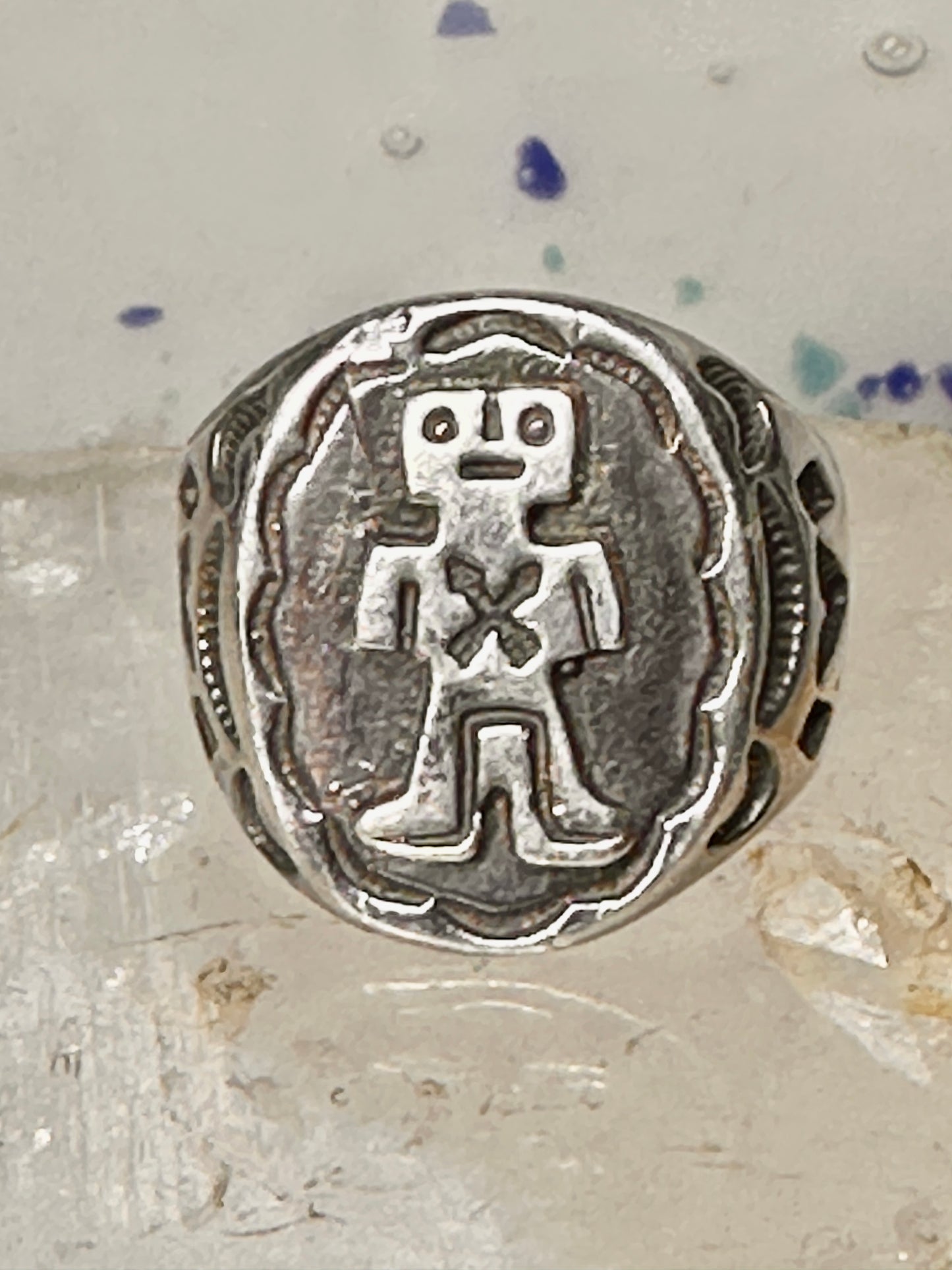 Mudman ring Navajo crossed arrows figurative Kachina size 9 sterling silver women men