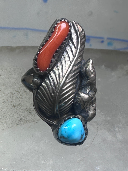 Long Navajo Turquoise Coral Ring leaf feather Band size 6 sterling silver women girls