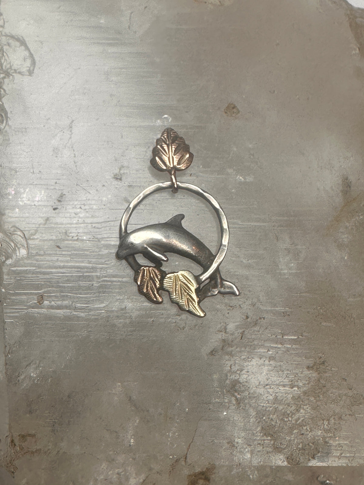 Vintage Black Hills Gold Sterling Silver 12K Tri Color Dolphin Hoop Pendant 925
