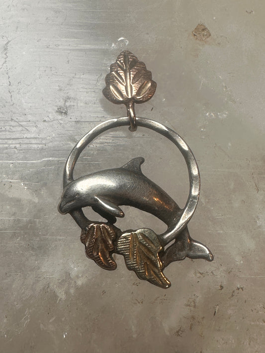 Vintage Black Hills Gold Sterling Silver 12K Tri Color Dolphin Hoop Pendant 925