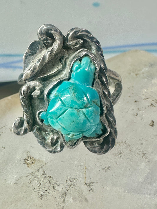 OLD Vintage Carved Turtle ring Navajo turquoise size 9.75 sterling silver women girls