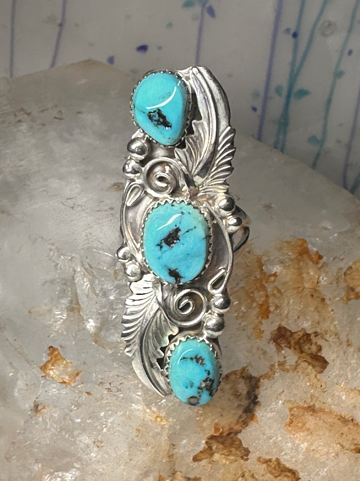 Navajo ring long turquoise leaves size 6.75 sterling silver women signed RB