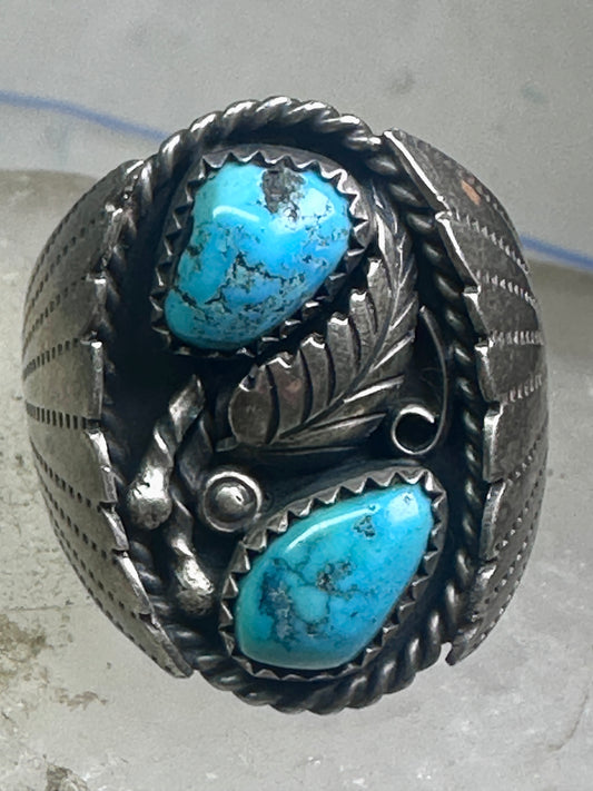 Navajo Turquoise Ring leaves feathers band size10.7 sterling silver women men signed J TSO