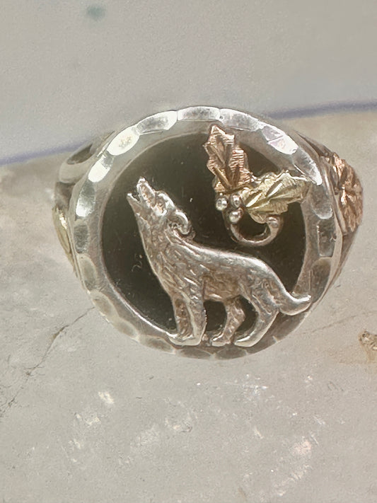 Black Hills Gold ring onyx wolf barking at moon band size 10 band sterling silver men women