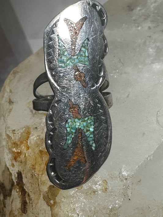 Long Phoenix ring Turquoise coral chips size 5.75 Navajo sterling silver women