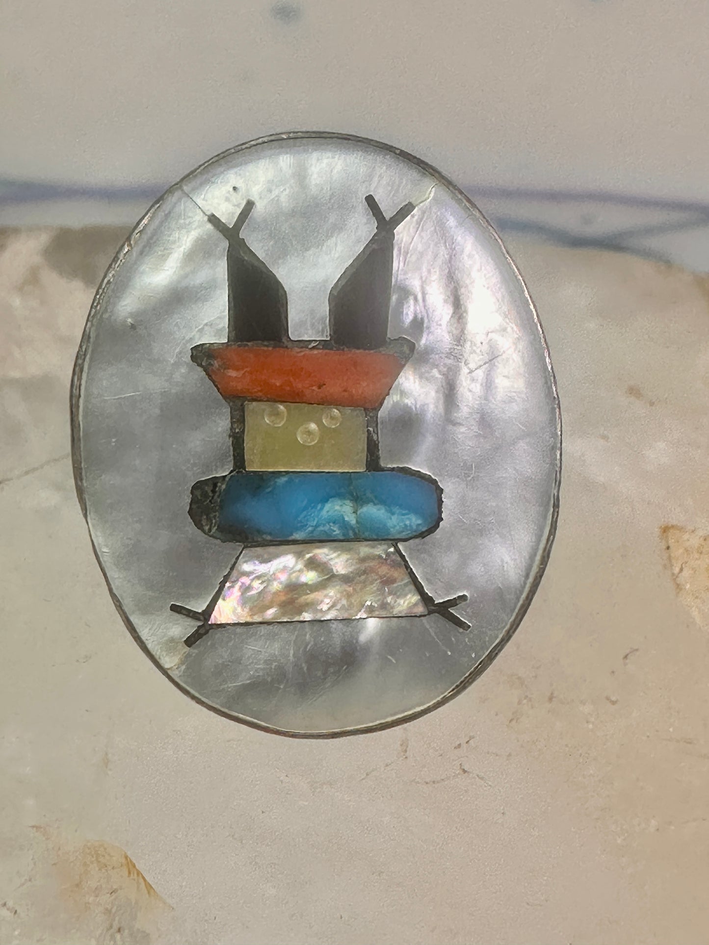 Kachina ring Navajo mop turquoise coral onyx size 7 sterling silver women