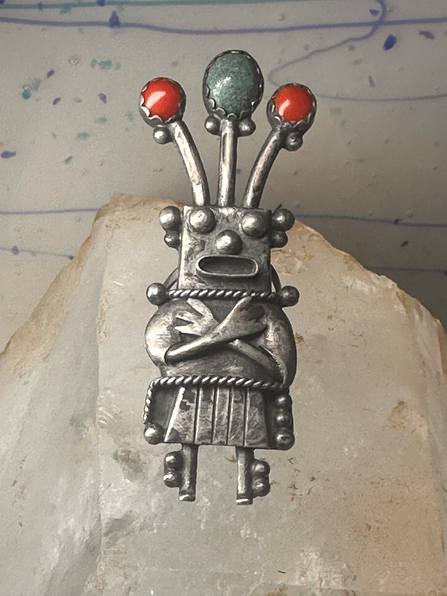 Kachina ring size 8.50 Navajo turquoise coral band sterling silver women