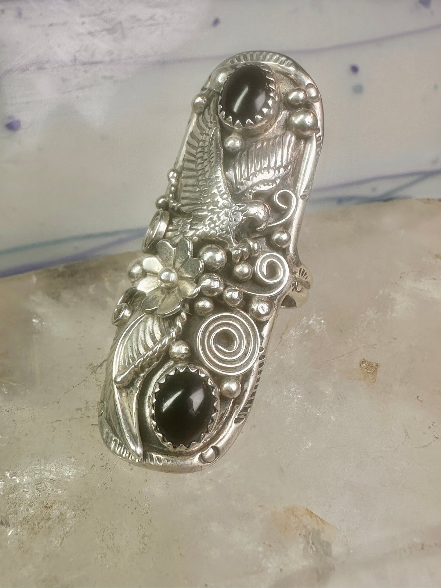 Long eagle ring onyx Navajo leaves full finger band size 7 sterling silver women AS IS