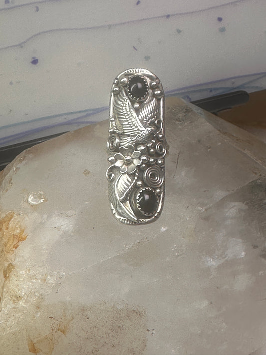 Long eagle ring onyx Navajo leaves full finger band size 7 sterling silver women AS IS