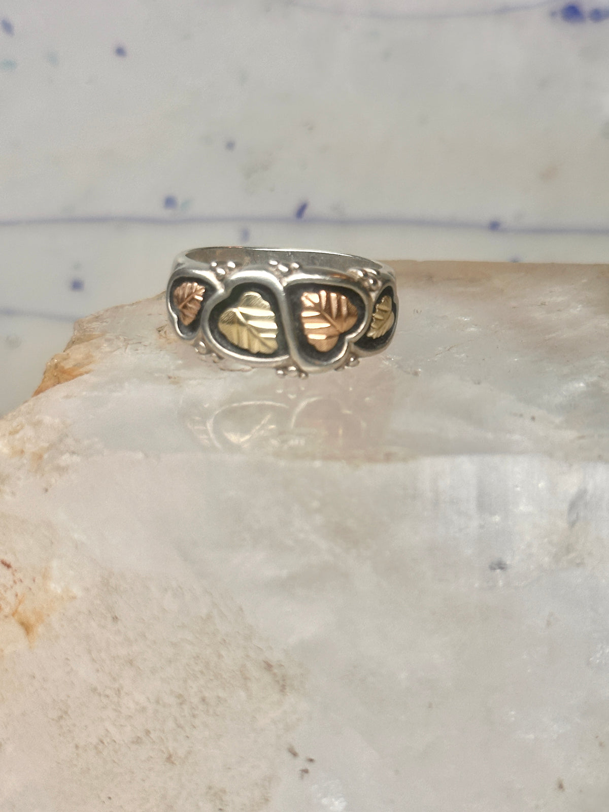 Vintage Black Hills Gold Style Sterling Silver 12K Gold Hearts Ring Band Size 10 925
