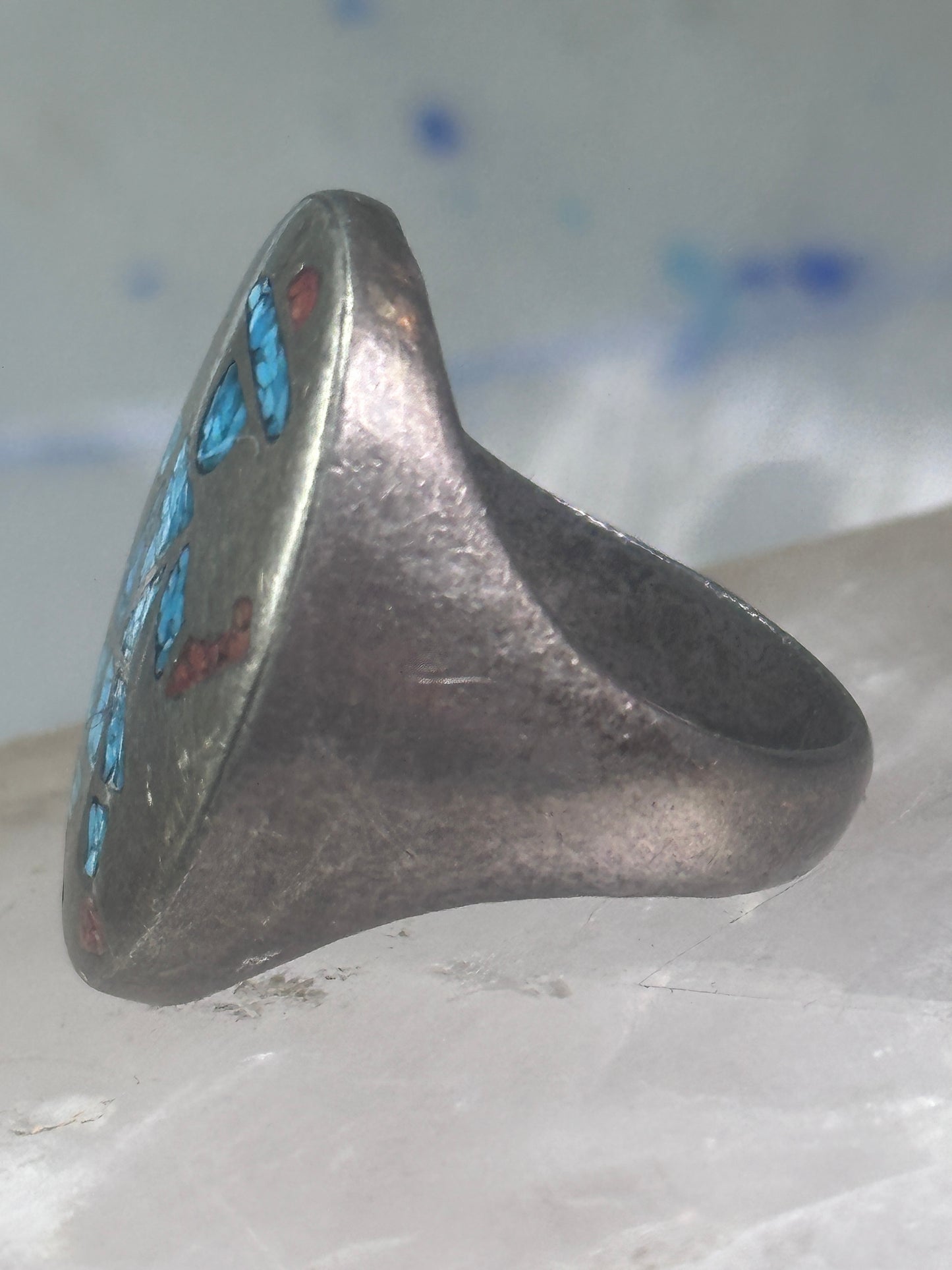 Kachina ring Turquoise chips ring coral band size 11 sterling silver women men
