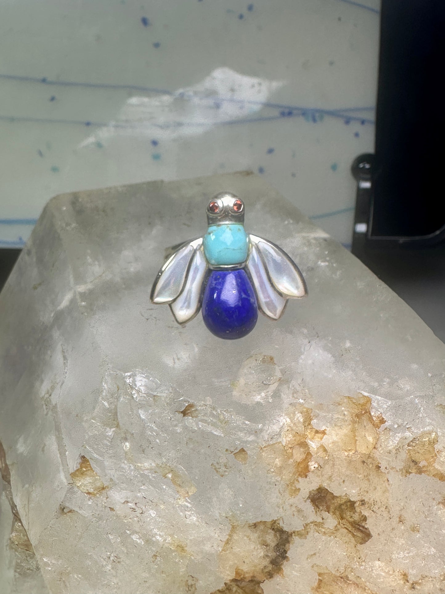 Vintage Bug ring insect blue lapis turquoise mop size 8 sterling silver women