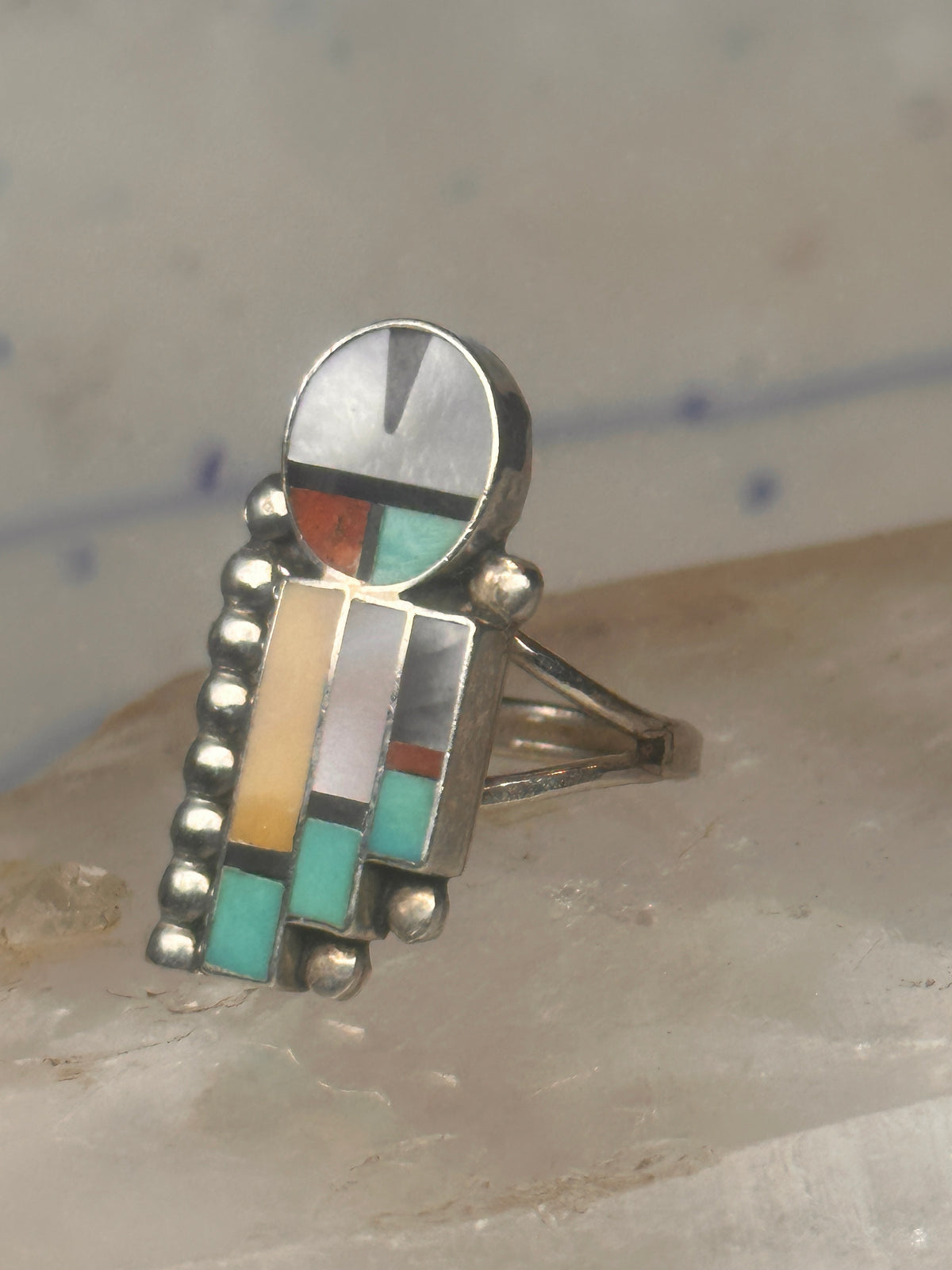 Vintage J Lahi Zuni Sterling Silver Multi Stone Sunface Mosaic Inlay Shield Ring Size 6.75 925