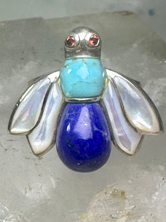 Vintage Bug ring insect blue lapis turquoise mop size 8 sterling silver women