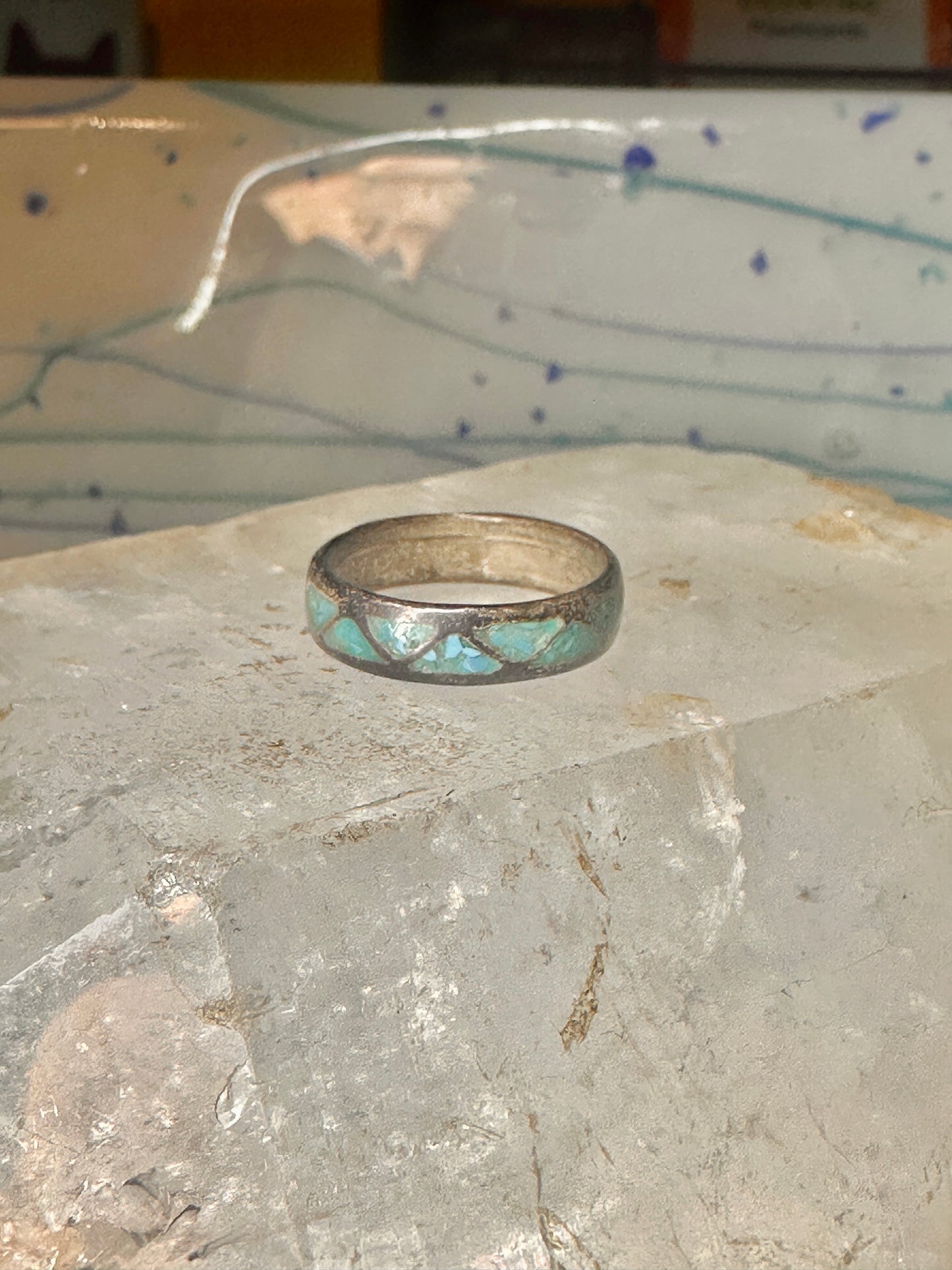 Vintage Zuni wedding band turquoise chips size 8 band sterling silver women men