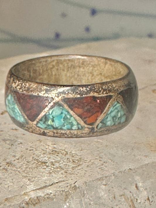 Vintage Zuni wedding band turquoise coral chips size 6 band sterling silver women men