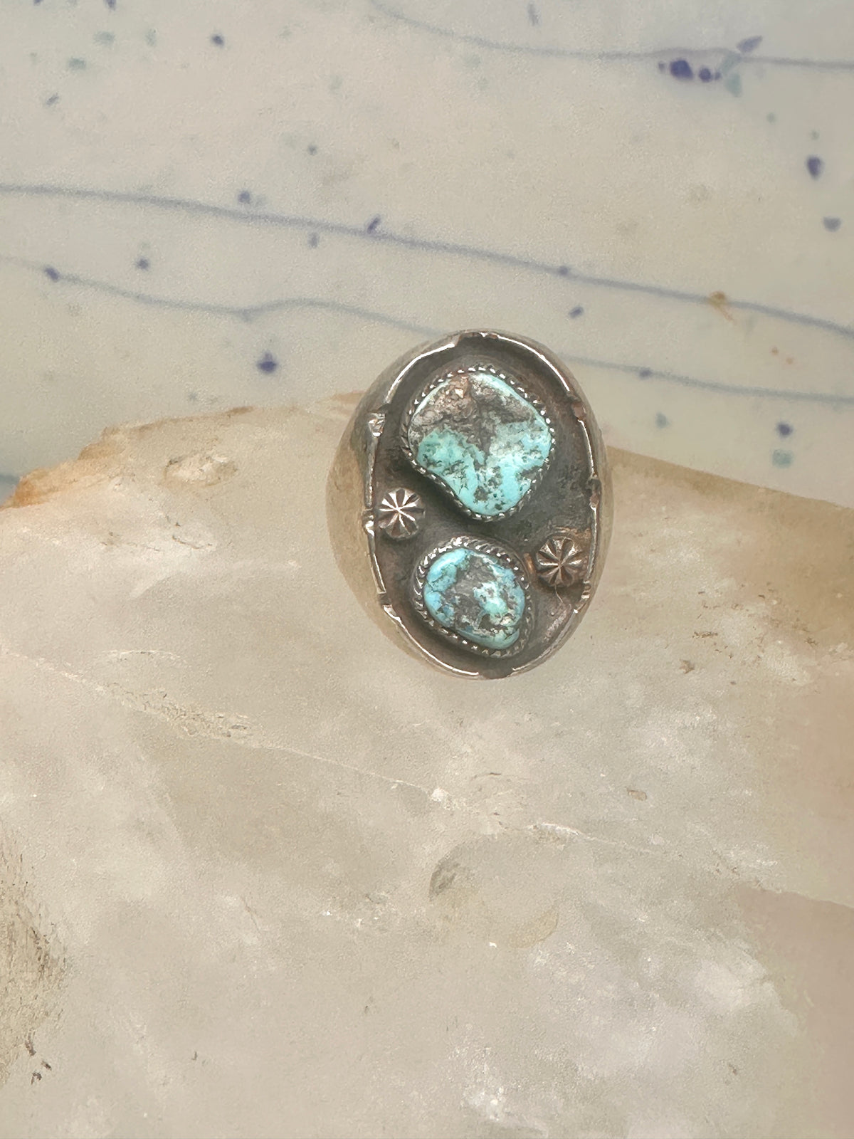 Vintage Navajo Southwestern Sterling Silver Two Stone Turquoise Starburst Shield Ring Size 10 925