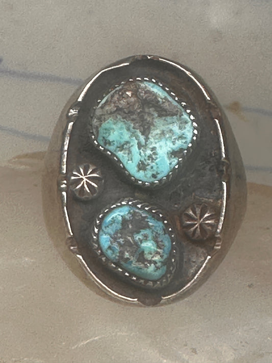 Vintage Navajo Southwestern Sterling Silver Two Stone Turquoise Starburst Shield Ring Size 10 925