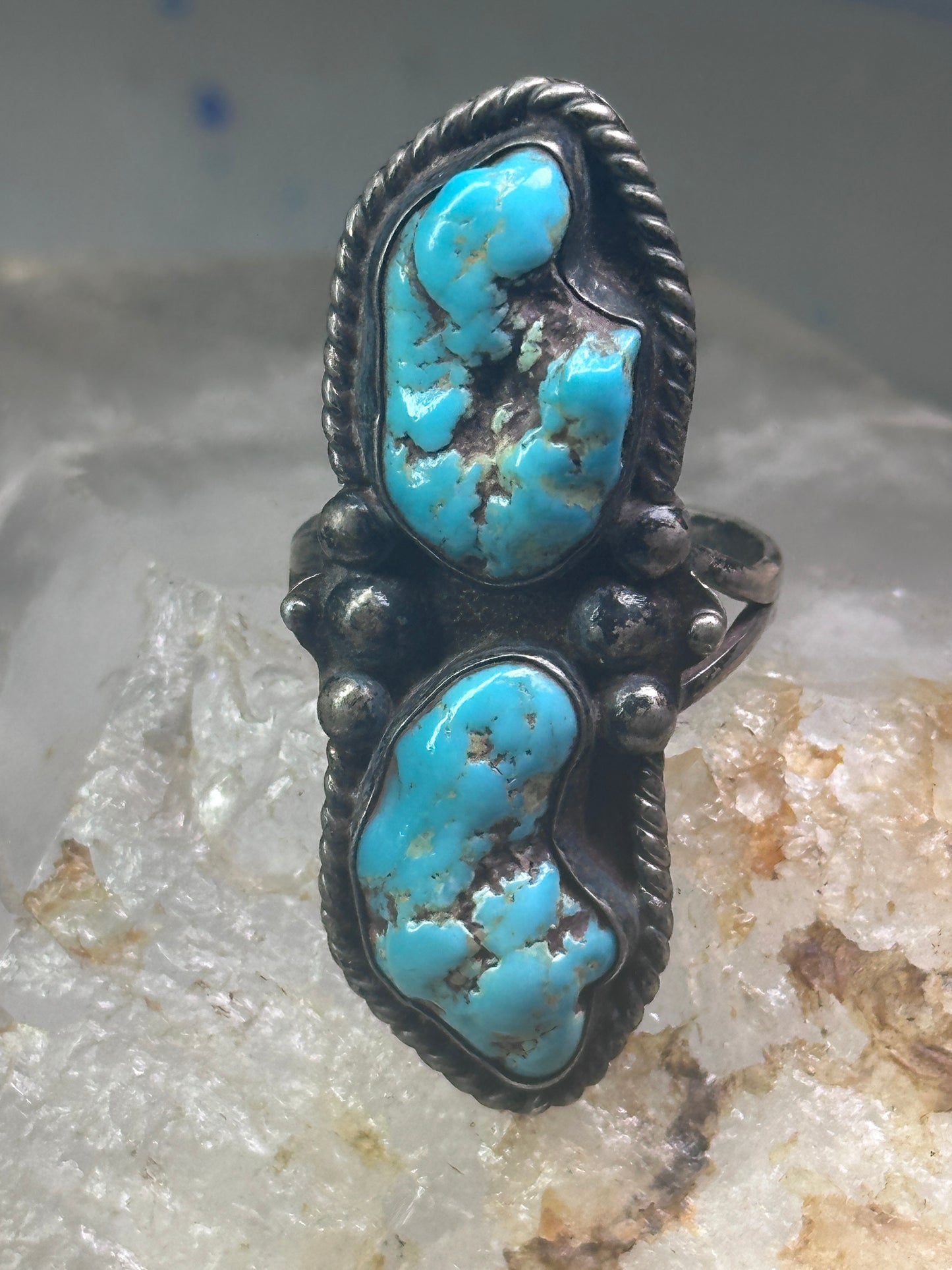 Long Turquoise ring Navajo Vintage size 11.50 sterling silver women
