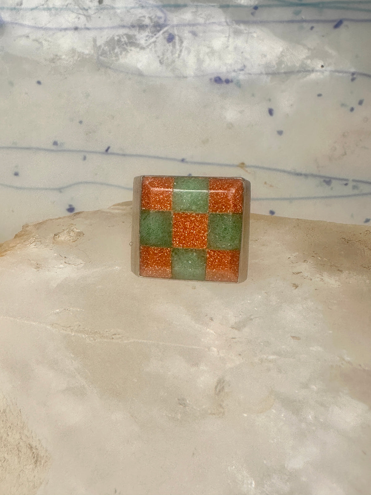 Vintage Southwestern Sterling Silver Goldstone Green Jade Checkerboard Signet Ring Size 10 925