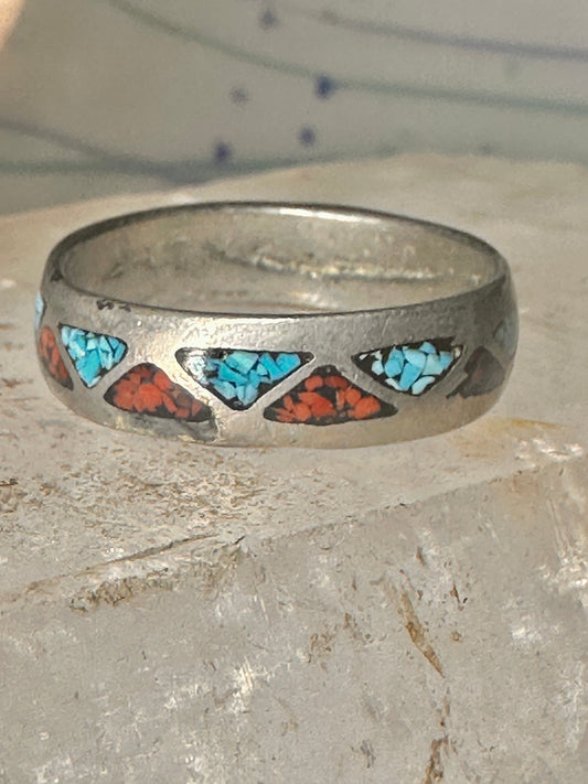 Vintage Zuni wedding band turquoise coral chips size 11.5 band sterling silver women men