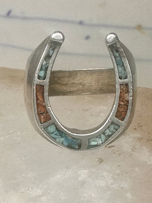 Vintage Southwestern Sterling Silver Turquoise Coral Chip Inlay Horseshoe Ring Size 10.50 925
