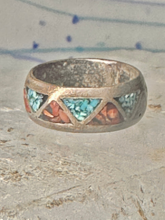Vintage Zuni band turquoise coral size 6.5 sterling silver women men AS IS