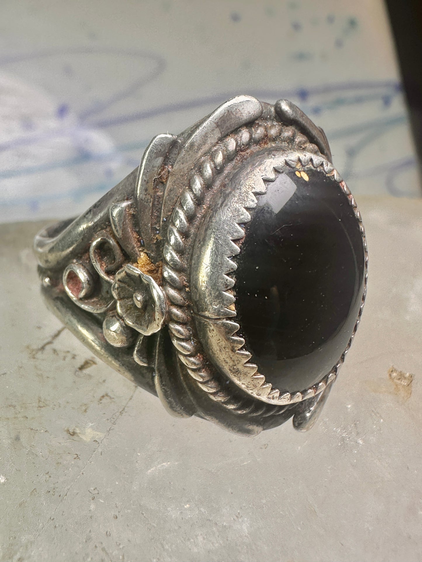 Navajo ring onyx ring leaves size 12.75 sterling silver women men