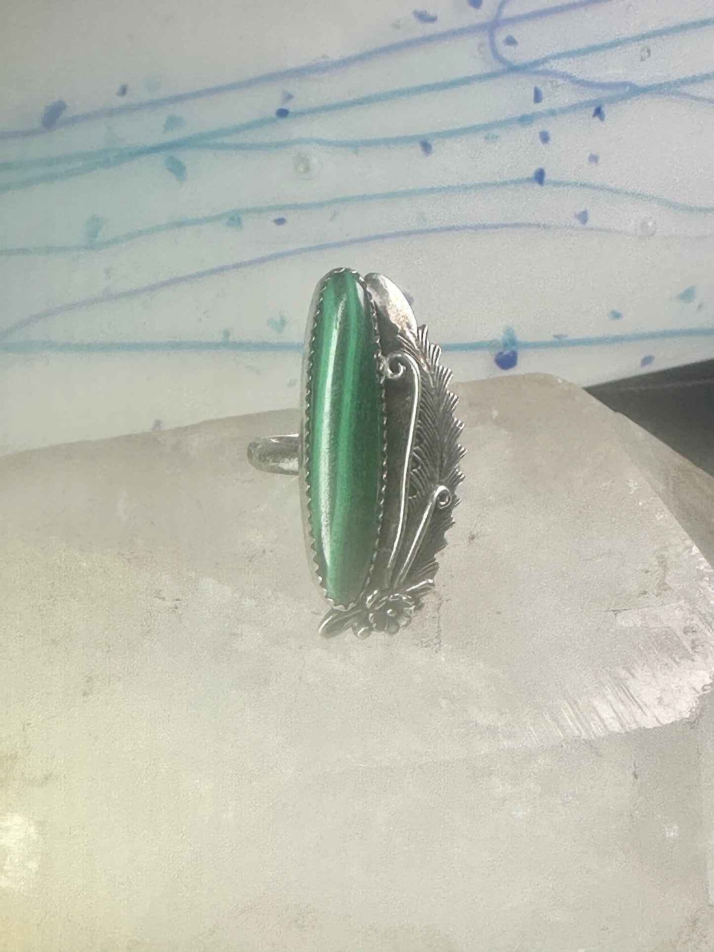 Navajo Long Malachite ring Peterson Johnson size 9 sterling silver women
