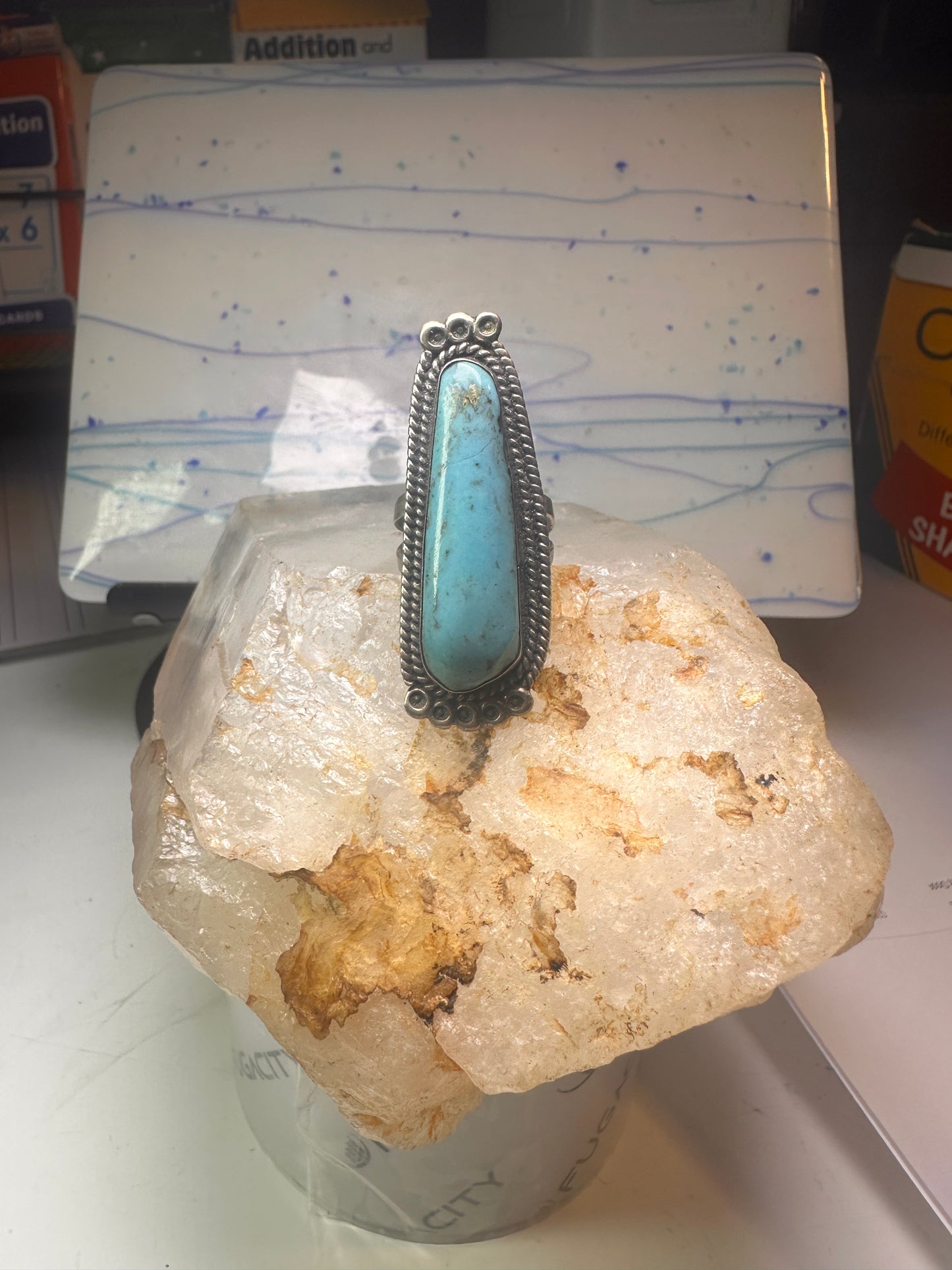 Long Navajo ring Turquoise rope design band size 7.5 sterling silver women