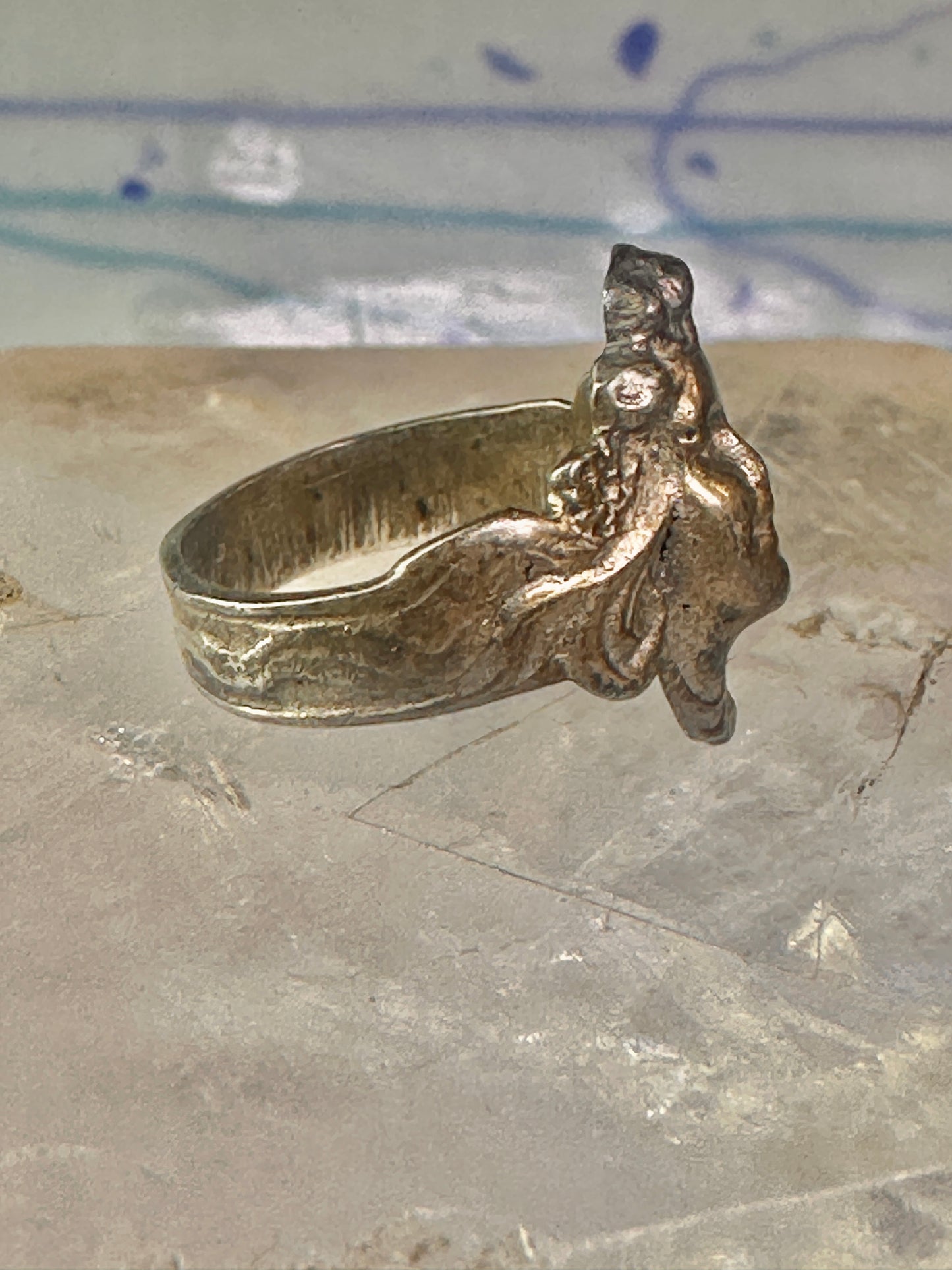 Lady face ring art deco Italy pinky turquoise size 3 silver signed 800 women