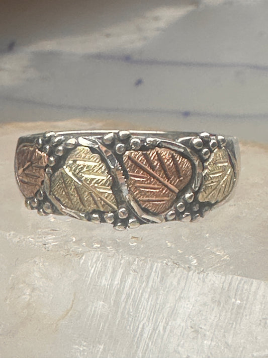 Vintage JCO Black Hills Gold Sterling Silver 12K Tri Color Gold Leaf Band Ring Size 13.50 925