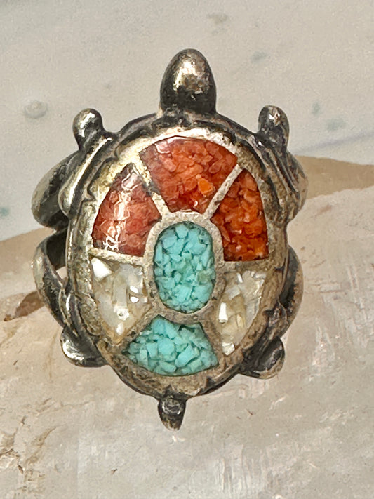 Vintage Zuni Turtle ring turquoise coral chips size 6.75 sterling silver women girls 