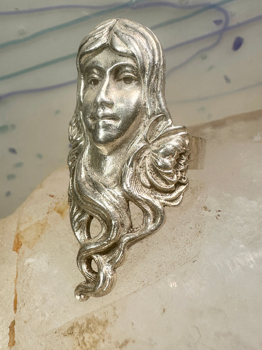 Face ring Art Nouveau long band size 6.75 sterling silver women ring