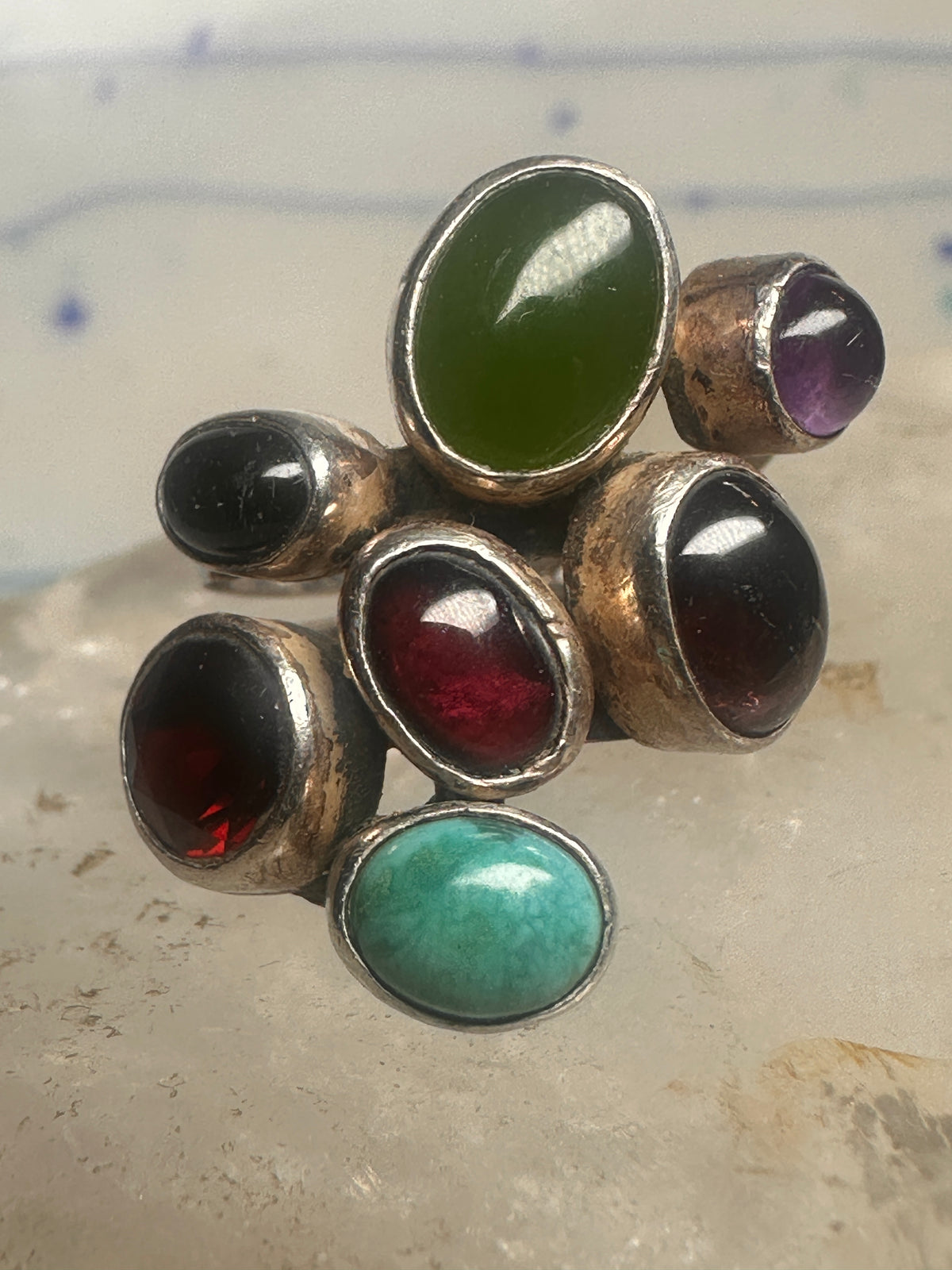 Vintage Nakai Style Sterling Silver Multi Gemstone Cluster Jade Garnet Amethyst Turquoise Ring Size 5.75 925