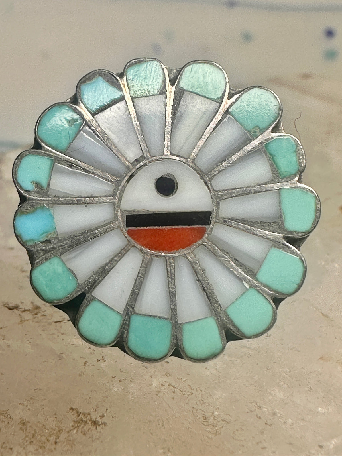 Vintage Southwestern Zuni Style Multi Stone Sunface Mosaic Inlay Ring Size 6 925
