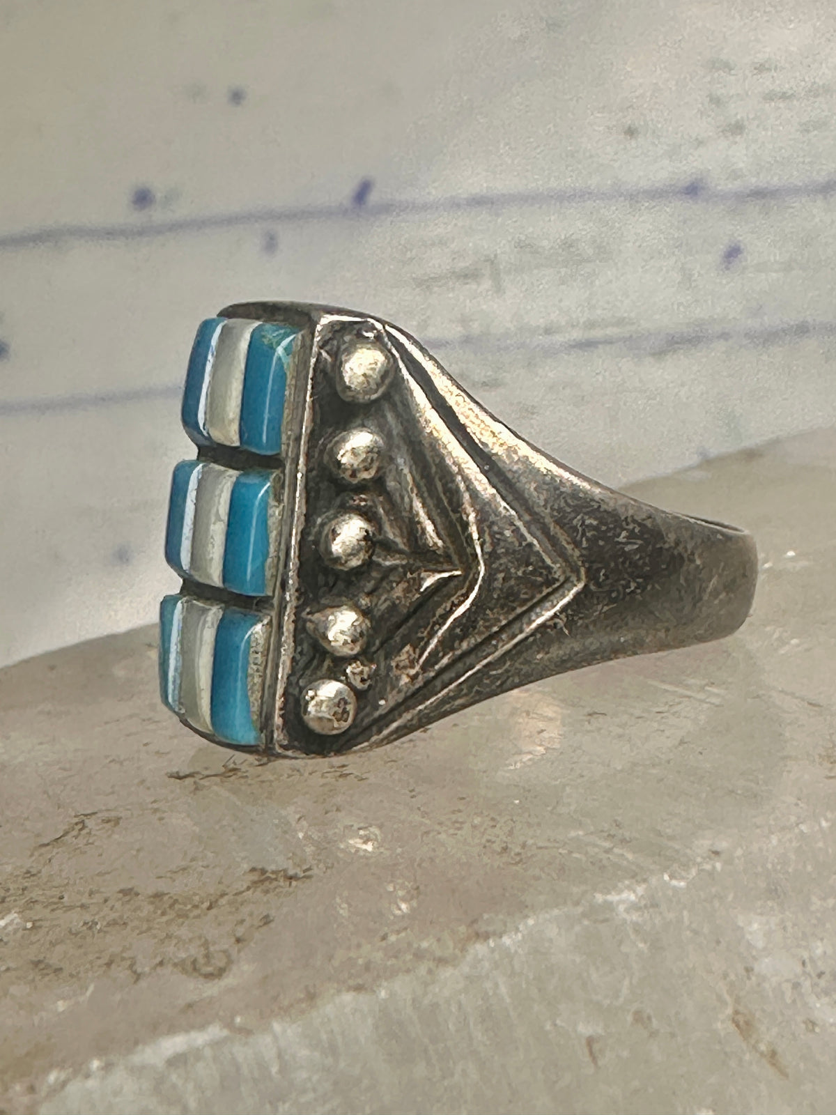 Vintage Sterling Silver Southwestern Turquoise Mother of Pearl Cobblestone Inlay Ring Size 8 925