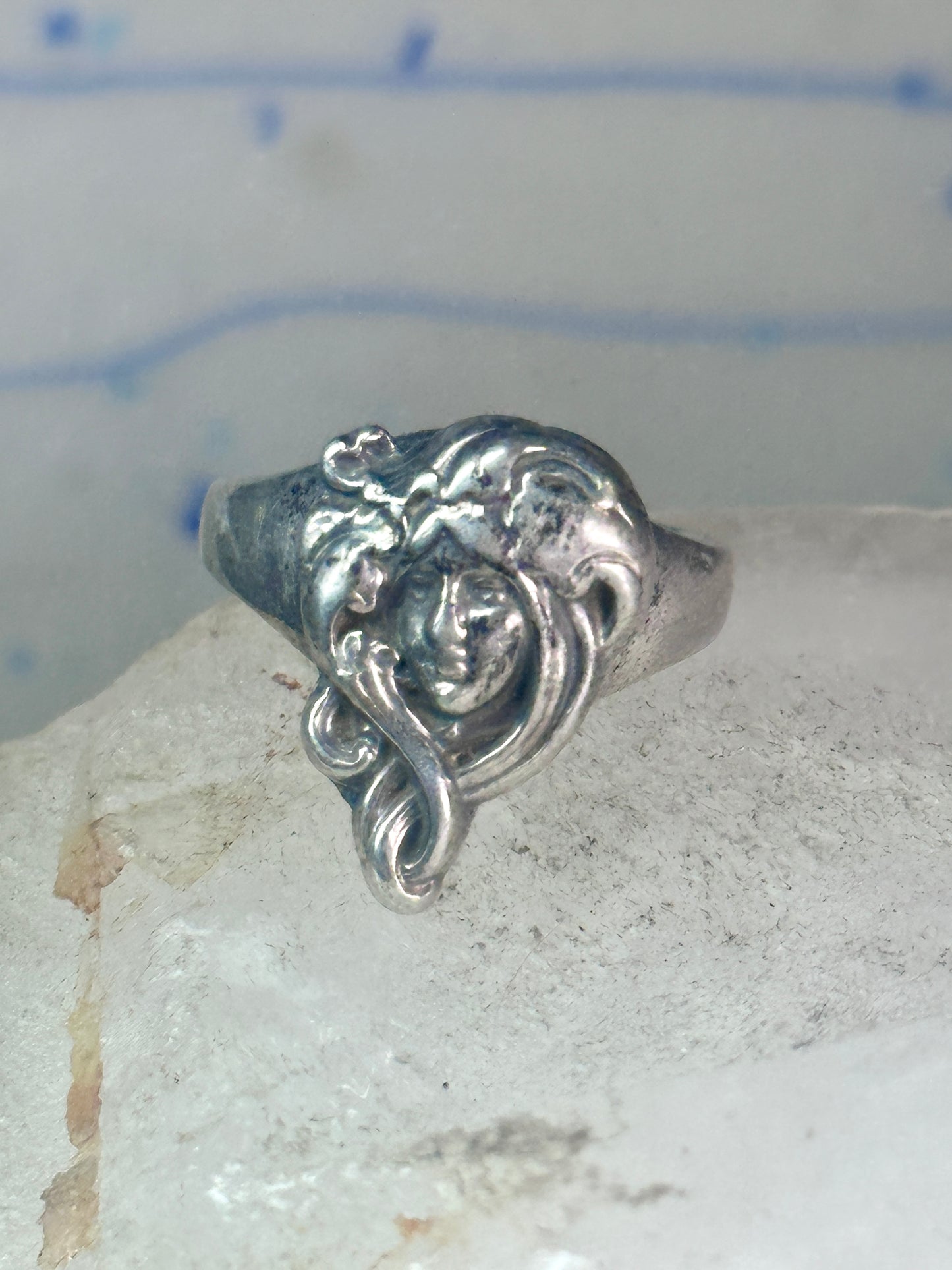 Vintage face Ring figurative band size 6.50 sterling silver women girls