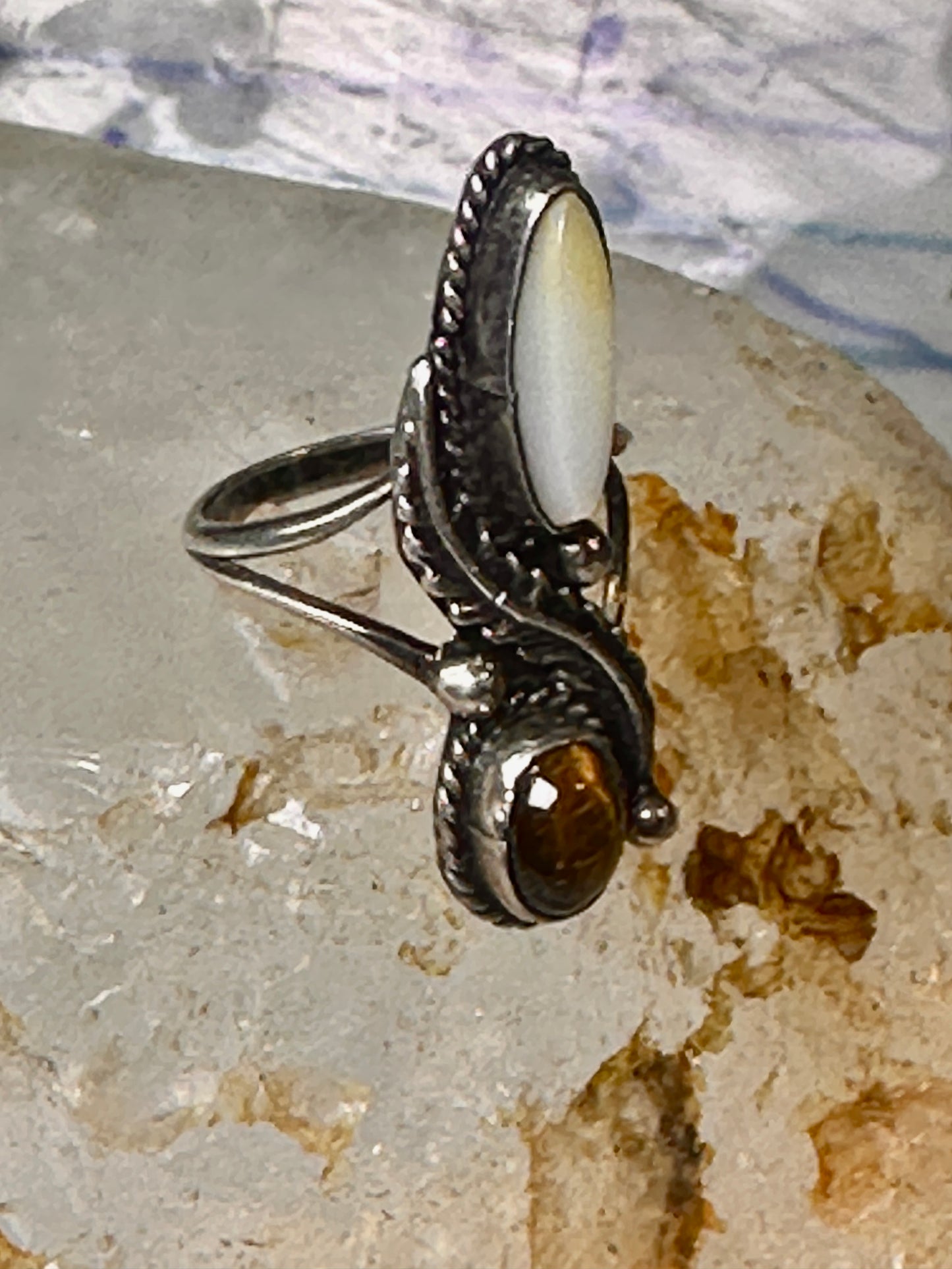 Navajo ring Mop Long mother of pearl tiger eye size 4 sterling silver women girls