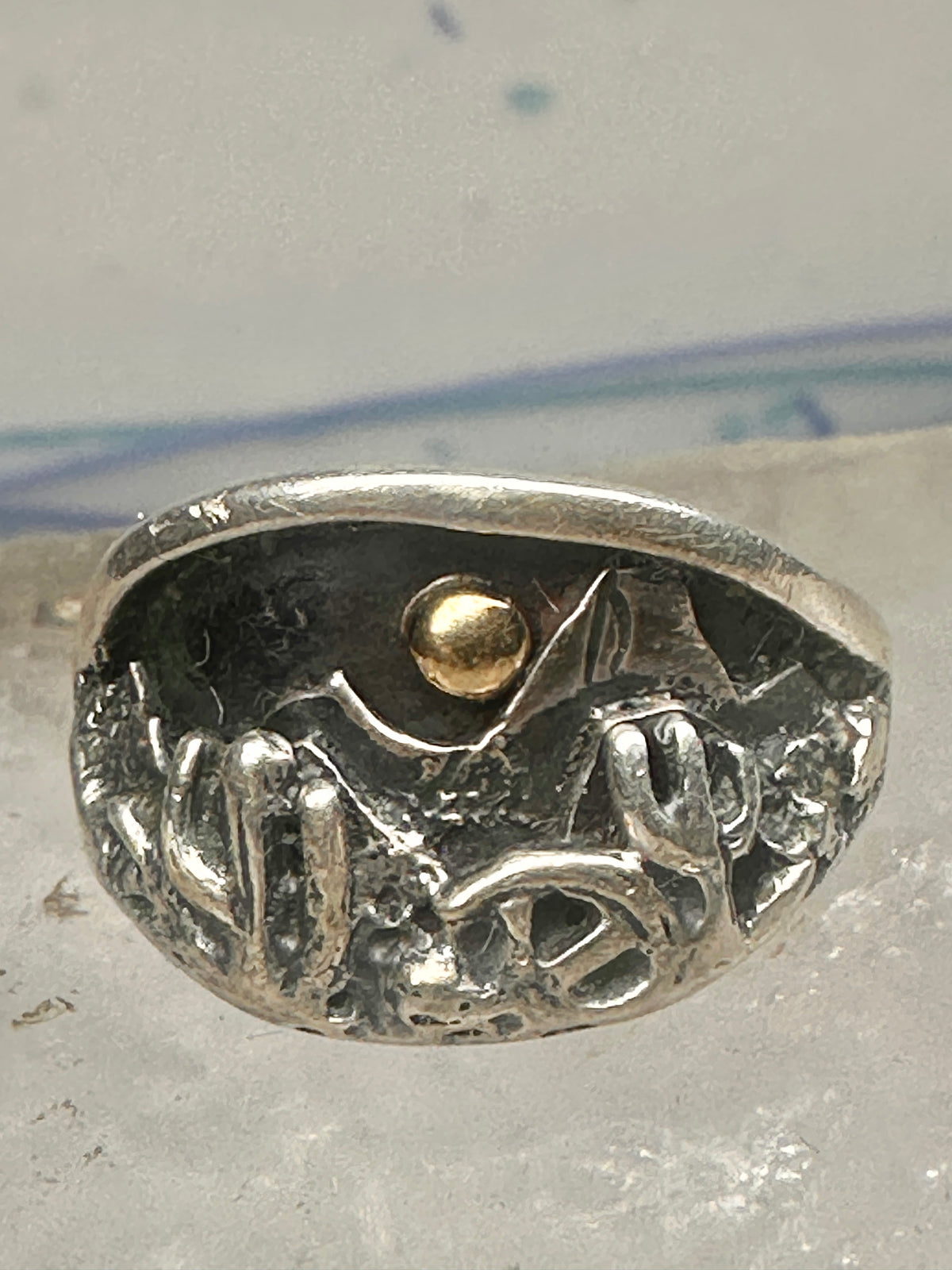 Vintage Sterling Silver Gold Accent Mixed Metal Desert Landscape Cactus Ring Size 8.50