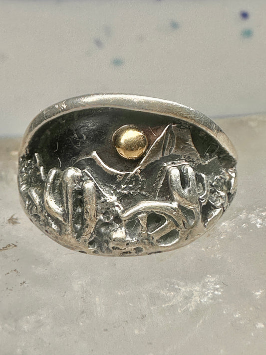 Vintage Sterling Silver Gold Accent Mixed Metal Desert Landscape Cactus Ring Size 8.50