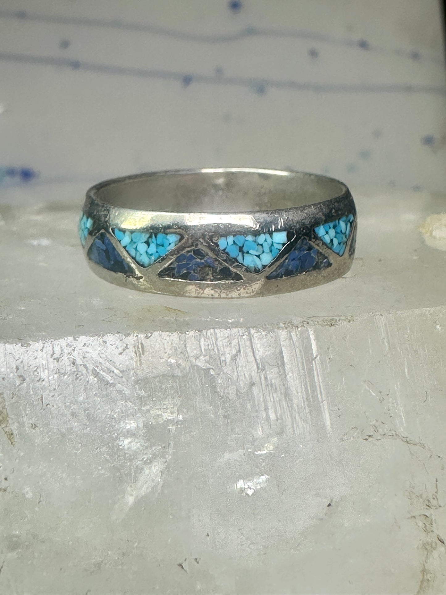 Vintage Zuni ring wedding band turquoise chips blue lapis size 11.2 sterling silver