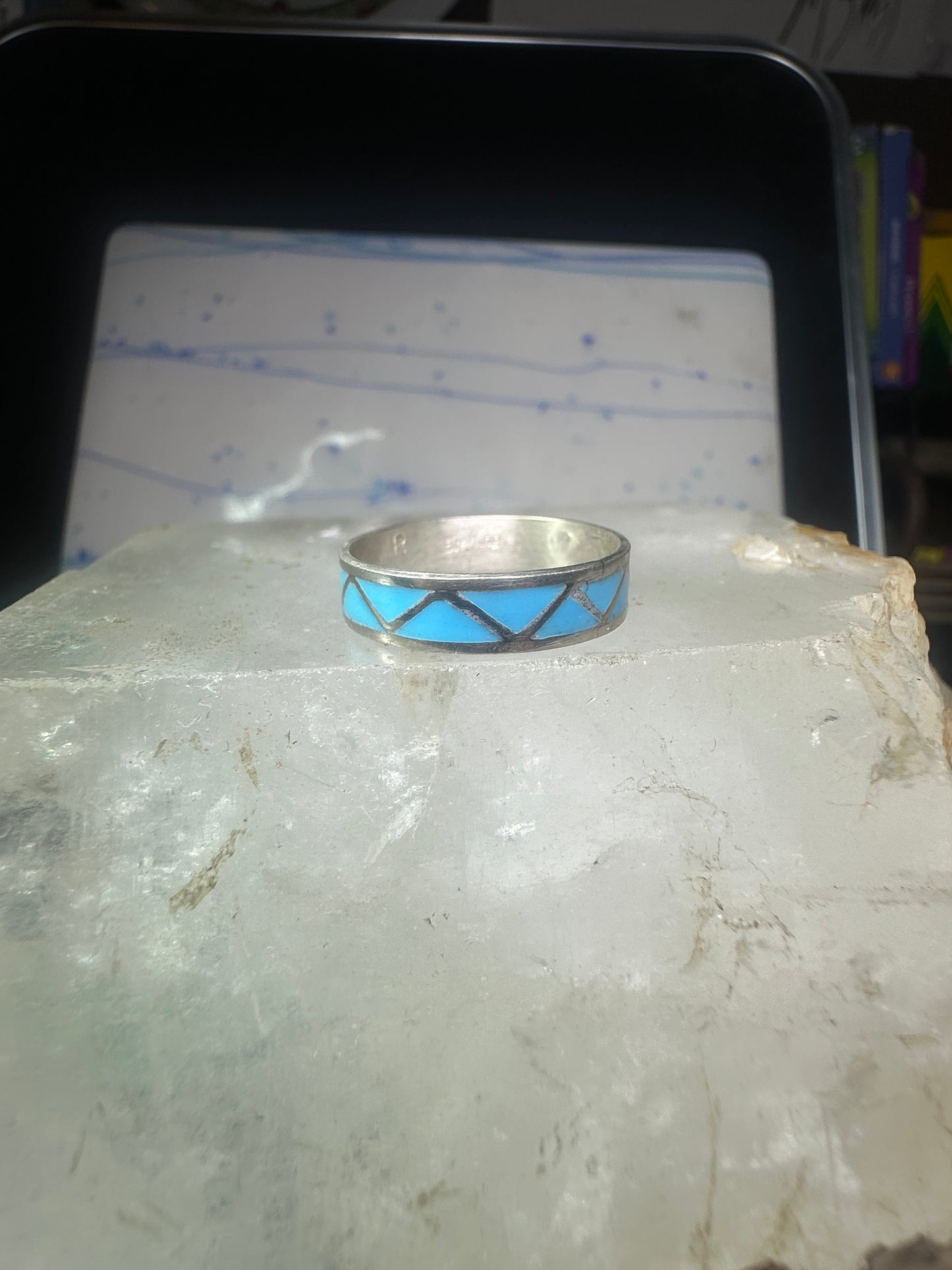 Vintage Zuni ring reconstituted turquoise size 10.25 wedding band sterling silver